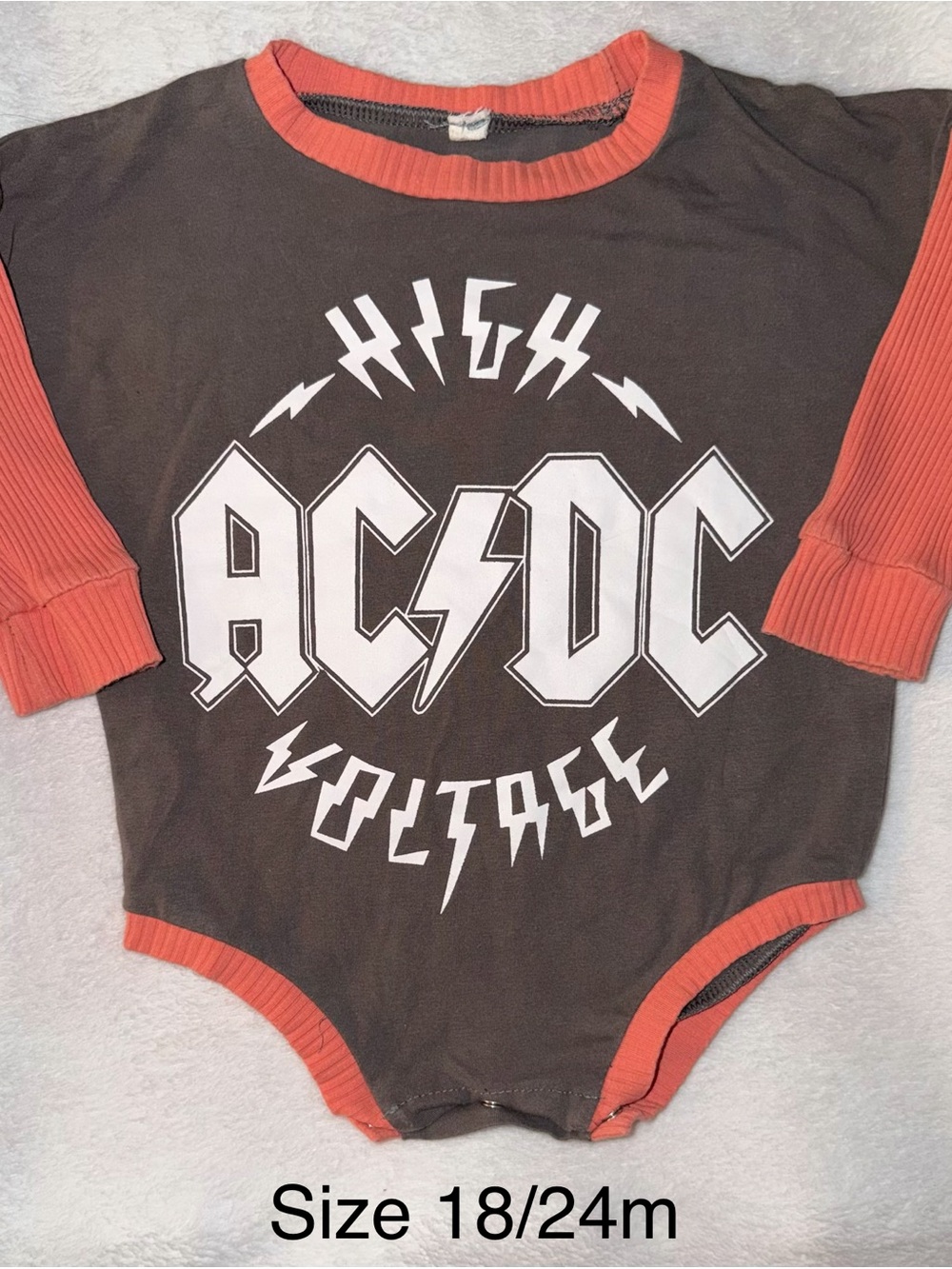 AC/DC Graphic Kids Bubble Romper in Gray with Peach Trim